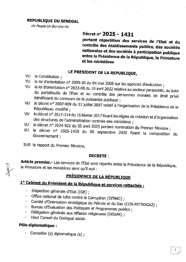 Décret n° 2025-1431 portant répartition des services de l'Etat